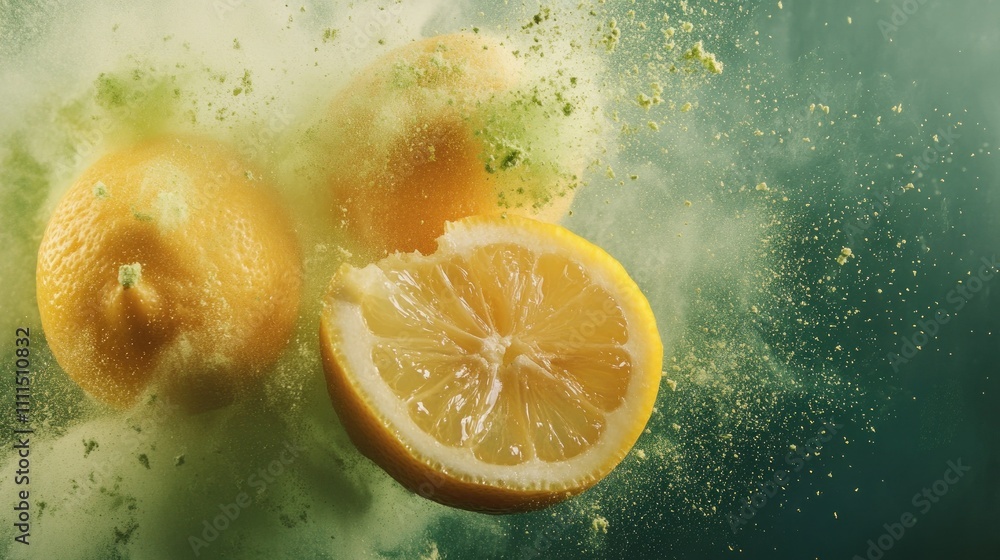 Poster lemons exploding with vibrant colors and textures