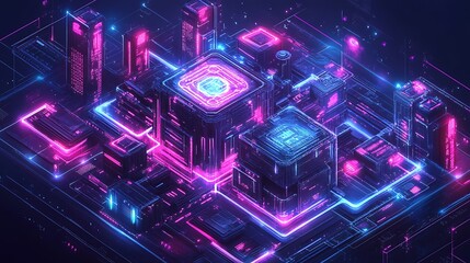 Obraz premium A futuristic isometric vector HUD with glowing networks, interwoven paths, vibrant neon highlights, and intricate grid textures, layered with dynamic holographic overlays,