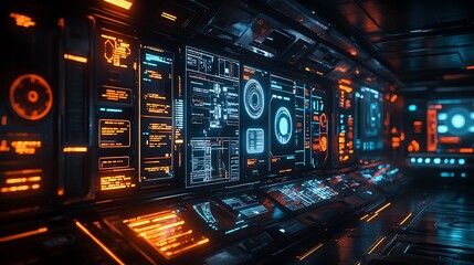 A futuristic modular HUD featuring glowing panels, holographic icons, layered transparency effects, intricate geometric layouts, dynamic data readouts, and vibrant neon lighting,
