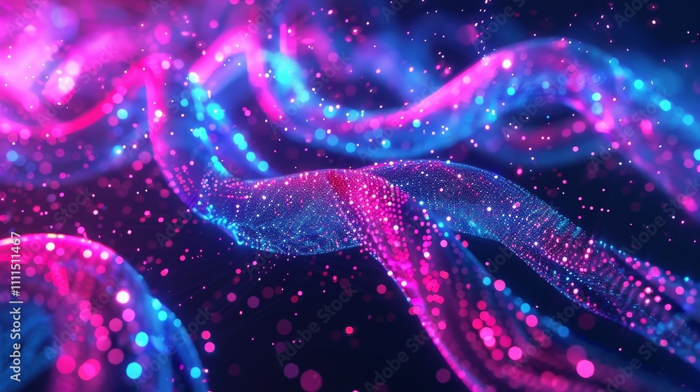 Poster abstract particles are flowing and forming pink and blue wavy lines on a dark background, creating a