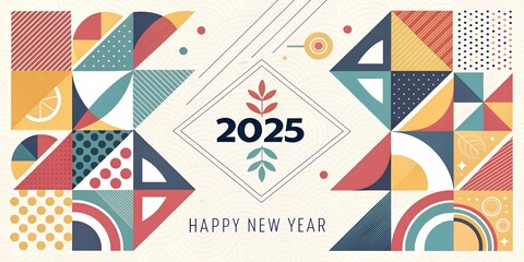 Creative concept of Happy New Year 2025 card. Modern abstract art design with geometric shapes. Templates for celebration, ads, branding, banner, cover, label, poster, sales, flyer, web page, 