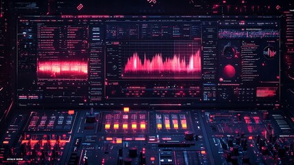 A glitch-inspired interface with fragmented data visuals, dynamic overlays, sharp neon edges, distorted grids, pulsating light effects, high-tech elements, and an abstract cyberpunk aesthetic,