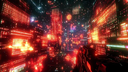 Fototapeta premium A glitch-inspired interface with fragmented holographic data visuals, glowing neon distortions, intricate broken grids, and dynamic pixelated animations, set against a dark digital backdrop,