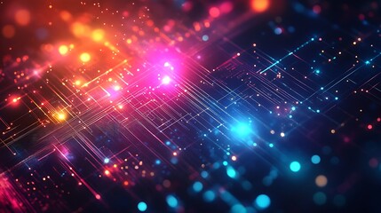 Obraz premium A glowing abstract tech panel with dynamic pulsating animations, vibrant neon gradients, intricate layered grids, and seamless holographic motion, futuristic and sleek, hd quality. --ar 16:9