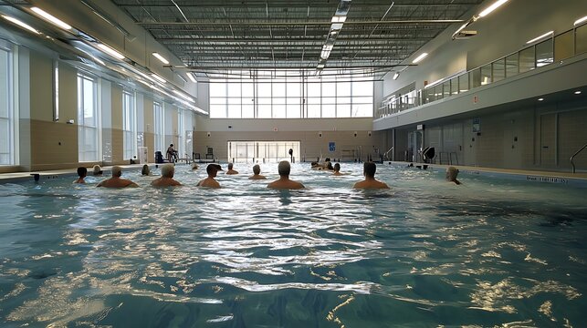 Group of seniors participating in a water aerobics class in an indoor pool