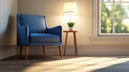 Fototapeta premium Cozy Living Room Interior Blue Armchair Side Table Sunlight