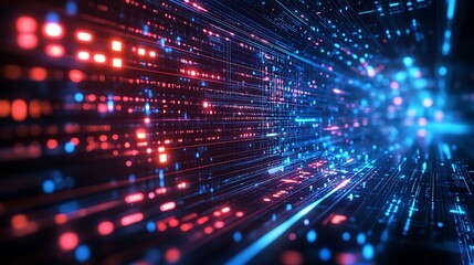 Obraz premium A glowing digital interface with holographic layers, intricate geometric grids, flowing neon data trails, and seamless dynamic animations, futuristic and immersive, set in a sleek sci-fi setting,