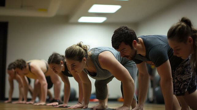 Group performing burpees together in a high-intensity interval training class