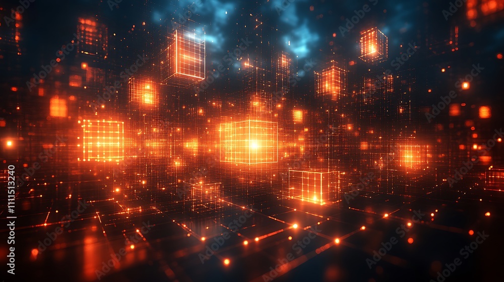 Poster glowing orange cubes float in a dark digital space, creating an abstract futuristic scene.