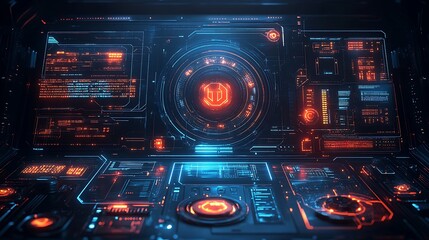 Obraz premium A glowing minimalistic HUD design with abstract geometric patterns, vibrant neon circuits, and dynamic motion animations, set in a dark high-tech environment, hd quality. --ar 16:9