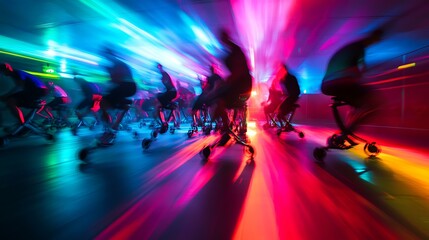 Participants in a spin class cycling intensely under dim lights and colorful spotlights