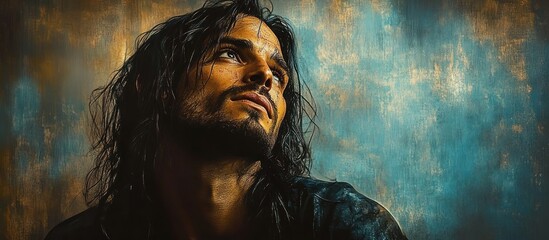Fototapeta premium Jesus Christ Somber Portrait with Looking Up Emotional Depth Spirituality