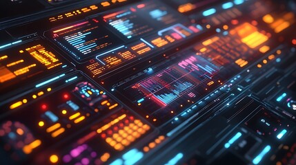 Obraz premium A glowing sci-fi dashboard with dynamic rotating 3D charts, intricate holographic graphs, vibrant neon highlights, and layered futuristic overlays, creating a sleek and immersive design, hd quality.