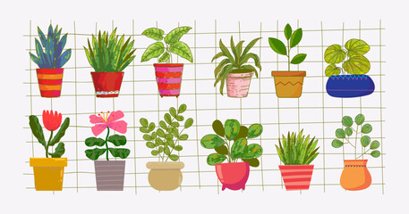 Flowers, plants on pot, vases hand drawn vector illustration element. Houseplants collection isolated on white background.