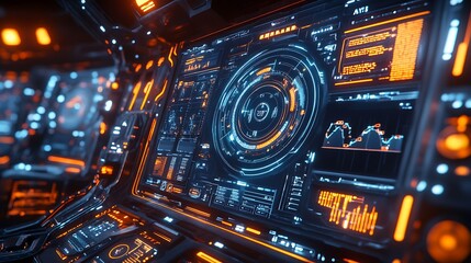 Obraz premium A high-tech dashboard with rotating 3D data visualizations, glowing holographic charts, vibrant neon highlights, and intricate geometric patterns, futuristic and immersive,
