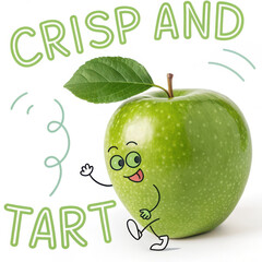 Crisp and tart green apple with single leaf, playful character design