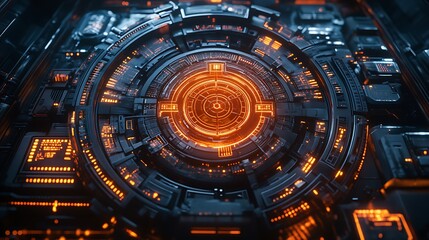 Obraz premium A high-tech gear-driven interface with dynamic connections, glowing neon circuits, intricate mechanical overlays, and rotating geometric designs, set against a sleek sci-fi background, hd quality.