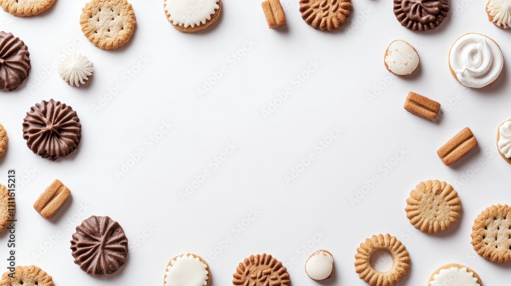 Poster Various cookies and sweets are beautifully arranged on a clean white surface, offering an inviting look with room for additional text. Generative AI