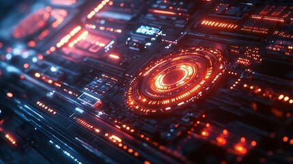 Obraz premium A high-tech interface with rotating gears, vibrant neon circuits, dynamic light animations, and intricate mechanical textures, layered with glowing holographic elements, set in a sci-fi environment,