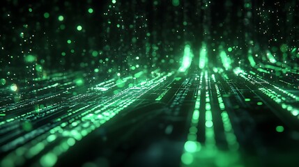 A Matrix-inspired HUD with cascading streams of glowing green binary code, intricate digital grids, holographic overlays, and dynamic motion effects, set against a dark black background,