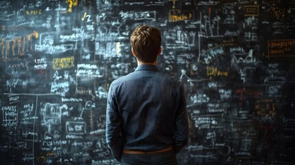 A man stands in front of a blackboard with question marks and scribbles, trying to figure out the details of his business plan