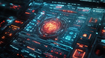 Obraz premium A minimal HUD with sleek geometric outlines, vibrant neon circuit trails, and dynamic holographic overlays, creating a simple yet futuristic sci-fi aesthetic, hd quality. --ar 16:9
