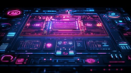 Obraz premium A minimalistic HUD with sleek geometric shapes, glowing neon circuits, and intricate grid patterns, set against a dark futuristic background, hd quality. --ar 16:9