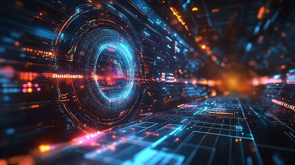 Obraz premium A sci-fi 3D wireframe HUD with glowing gradient highlights, dynamic holographic grids, intricate geometric details, and vibrant neon accents, set against a dark cyberspace background, hd quality.