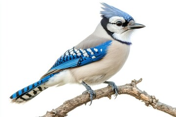 A blue jay bird with a crest on its head perched on a branch isolated on a white background