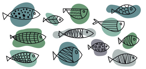 Set of cute line black  fish. Vector illustration