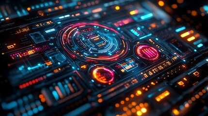 Fototapeta premium A sleek cyberpunk-themed HUD featuring glowing neon holographic panels, detailed grid textures, dynamic motion animations, and vibrant color accents, set against a dark futuristic background,