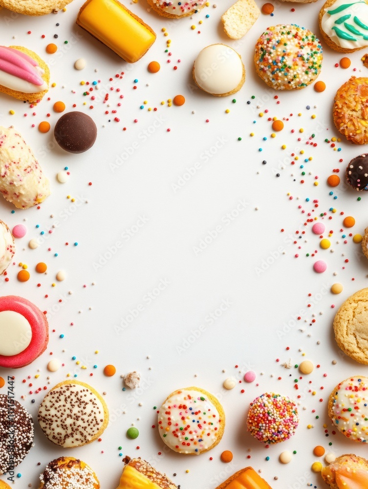 Aufkleber Delightful array of sweets and cookies arranged neatly on a white background, featuring a blank space for personalized text or messages. Generative AI