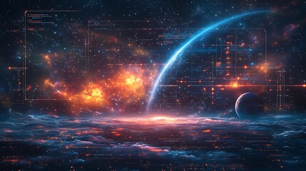 A space HUD showcasing 3D holographic starmaps, dynamic planetary motion visuals, glowing constellation overlays, pulsating neon lights, intricate grid patterns, and a colorful cosmic nebula backdrop,