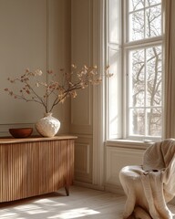 Mid-century Modern Scandinavian Living Room Design with Wooden Sideboard Minimalist Decor and Soft Natural Light