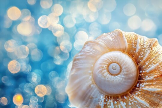 Close-up of a spiral seashell against a bokeh background. Ideal for designs related to summer, ocean, or relaxation themes.