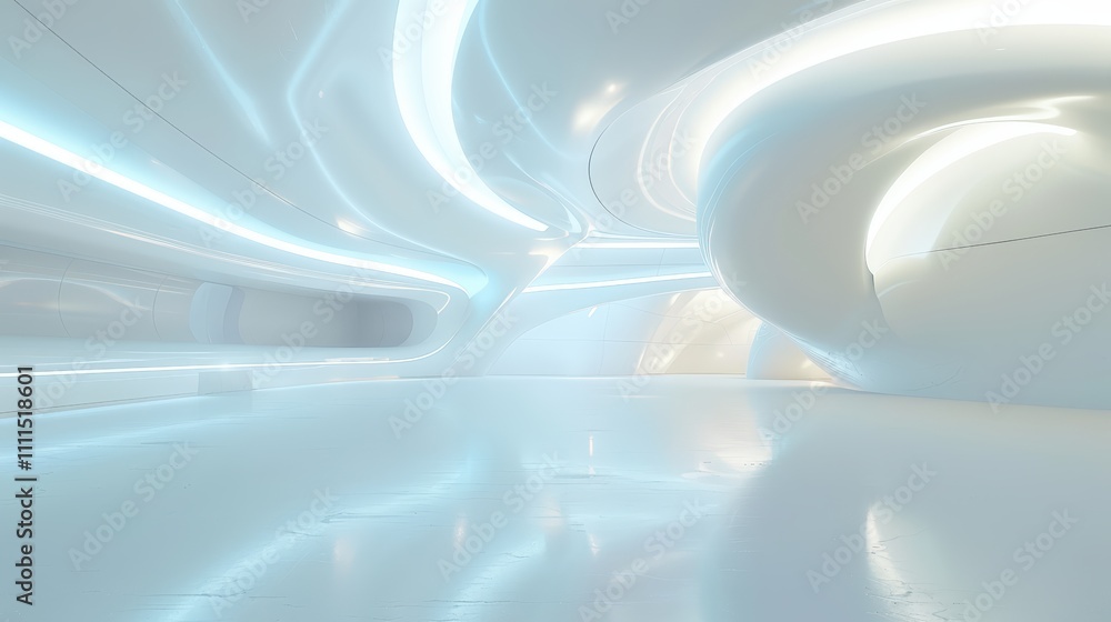 Poster futuristic, sleek corridor with glowing archways and reflective floors, creating a sense of infinite