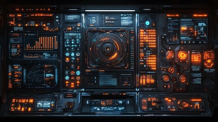 Obraz premium An abstract modular HUD design showcasing layered panels, glowing data readouts, rotating holographic elements, vibrant neon accents, intricate grid overlays, and a sleek futuristic aesthetic,