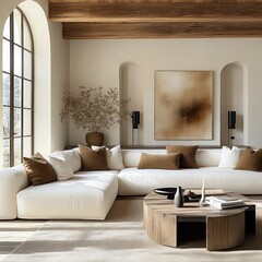 Fototapeta premium Scandinavian Minimalist Living Room Interior Design with White Sofa, Earthy Cushions and Modern Art