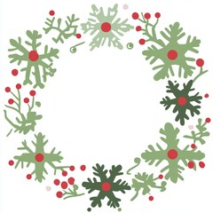 Green and red winter wreath with snowflakes and berries.