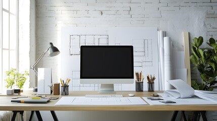 Modern Clean Design Studio Setup Featuring Digital Tools and Minimalist Decor with Natural Light Streaming Through a Spacious Window