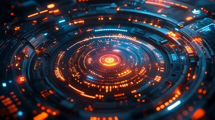 Obraz premium A circular radar display featuring glowing connection nodes, rotating concentric holographic rings, intricate grid overlays, and vibrant pulsating neon highlights, set in a sleek sci-fi interface,