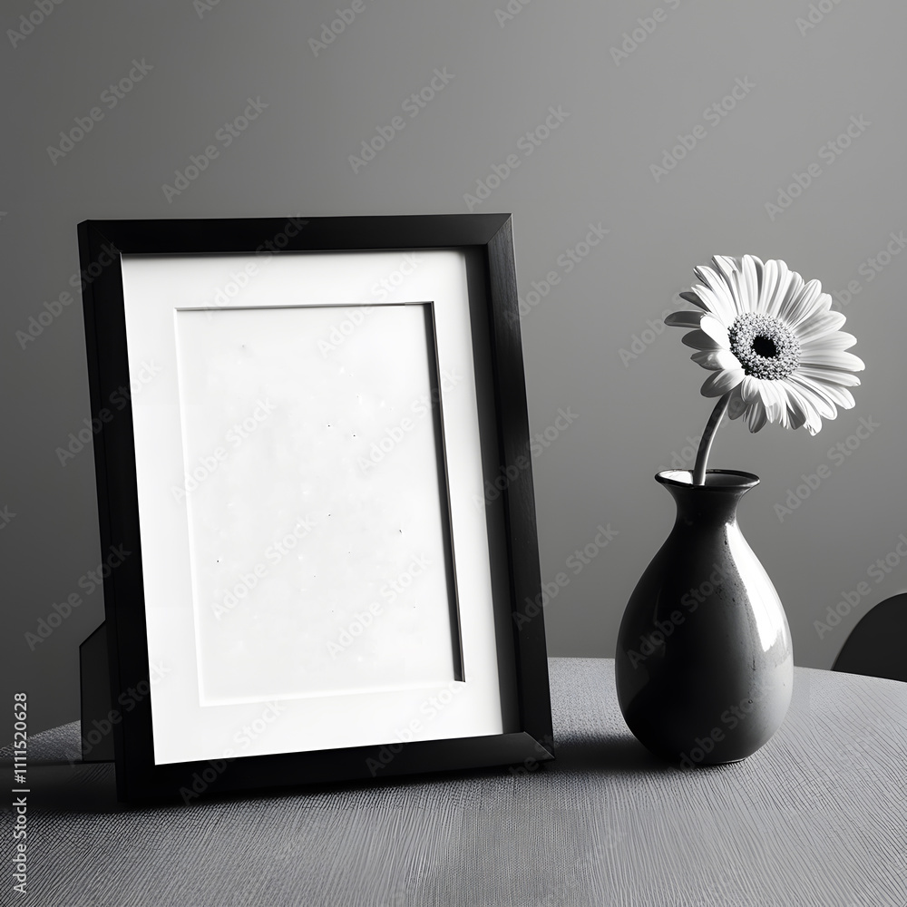 Poster black photo frame with a flower in a vase on a table. 3d render generated by ai