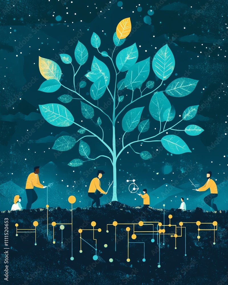 Aufkleber A visual of data scientists planting seeds in a datadriven environment, with growing algorithms and graphs emerging from the soil, representing innovation and growth in tech