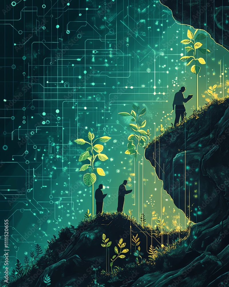 Poster A visual of data scientists planting seeds in a datadriven environment, with growing algorithms and graphs emerging from the soil, representing innovation and growth in tech
