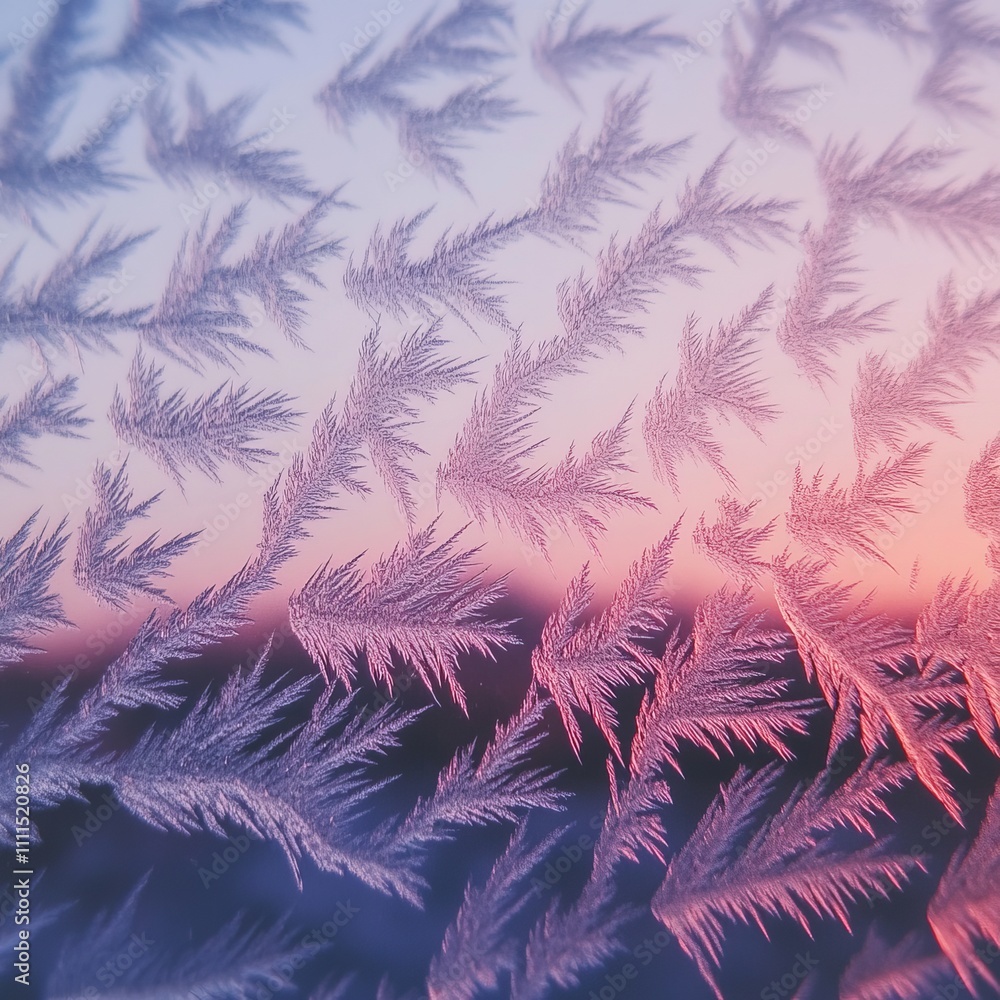 Poster intricate frost patterns on a windowpane at sunset, showcasing a beautiful natural design with soft 