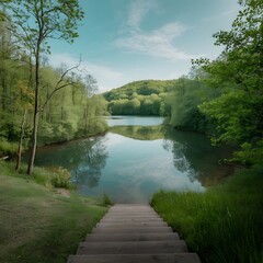 Fototapeta premium Wooden path leading to the lake in the forest. 3d render generated by AI