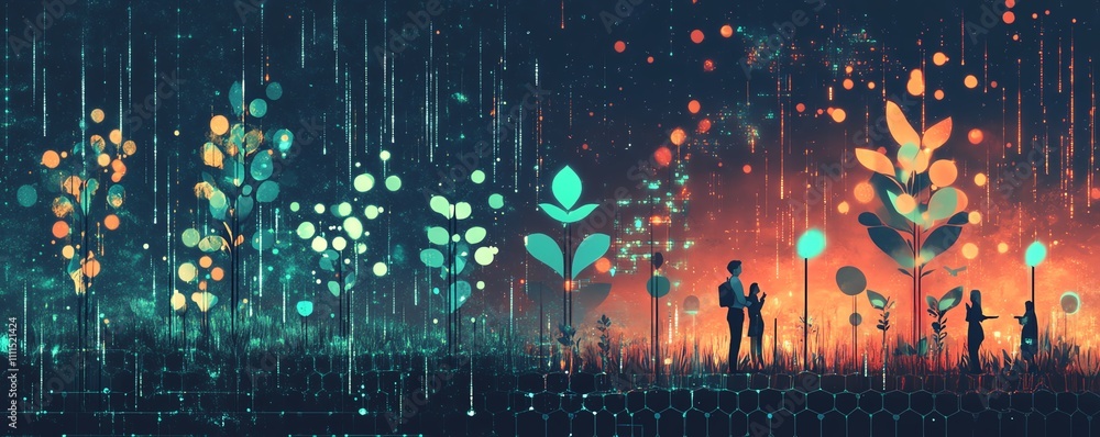 Poster data scientists of diverse backgrounds planting digital seeds in a field of data, illustrating the i