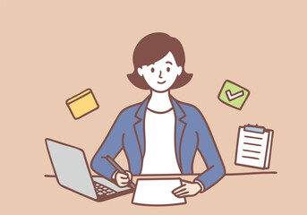 A businesswoman is sitting and working in front of a laptop. Hand drawn style vector design illustrations.
