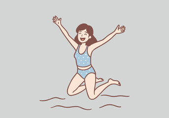 A young woman in a swimsuit is jumping for joy and smiling happily. Hand drawn style vector design illustrations.