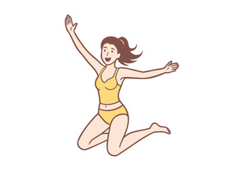 A young woman in a swimsuit is jumping for joy and smiling happily. Hand drawn style vector design illustrations.